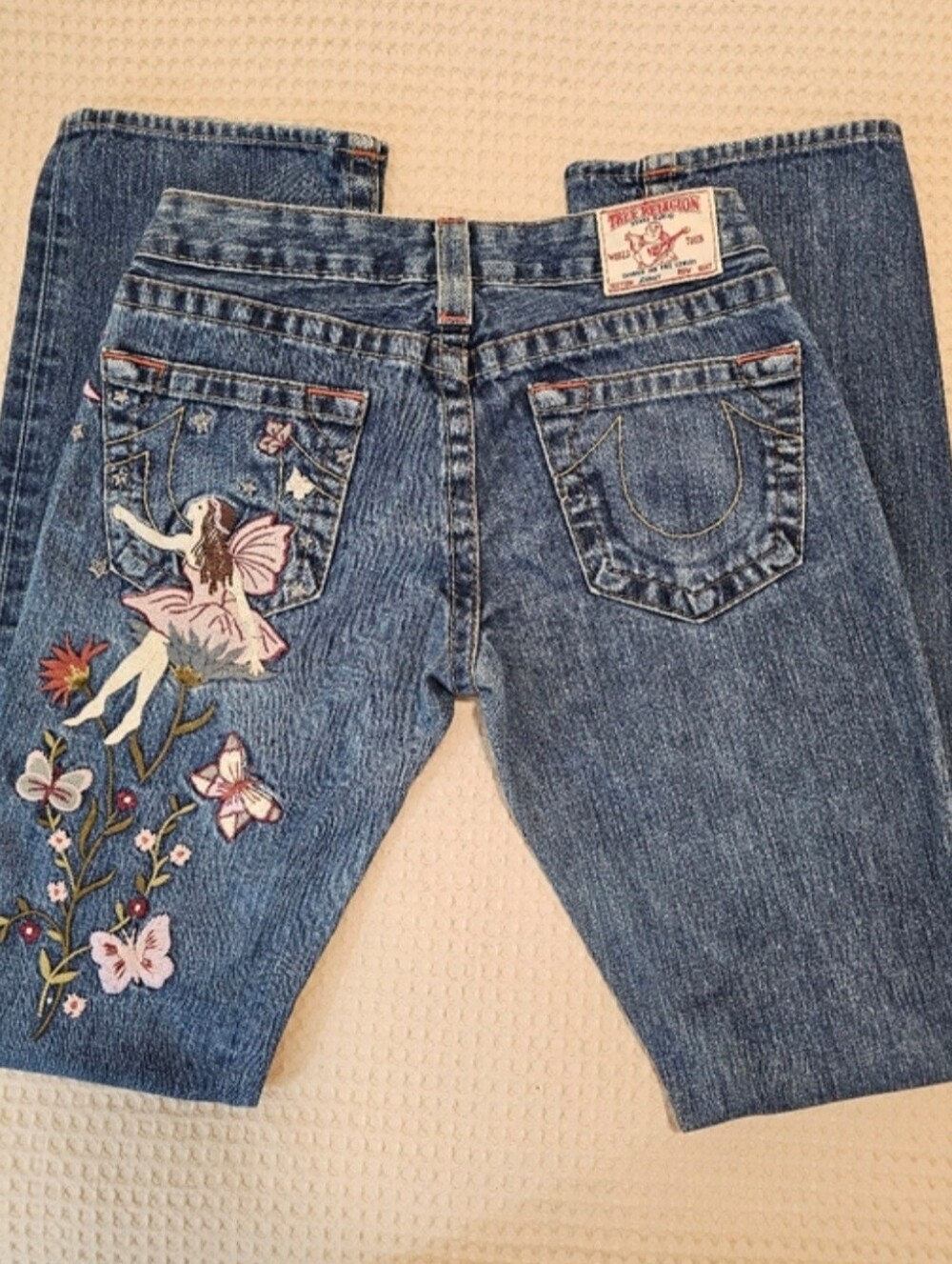 True Religion Blue Skinny Jeans with Pink Fairy Embroidery - Picture 3 of 7